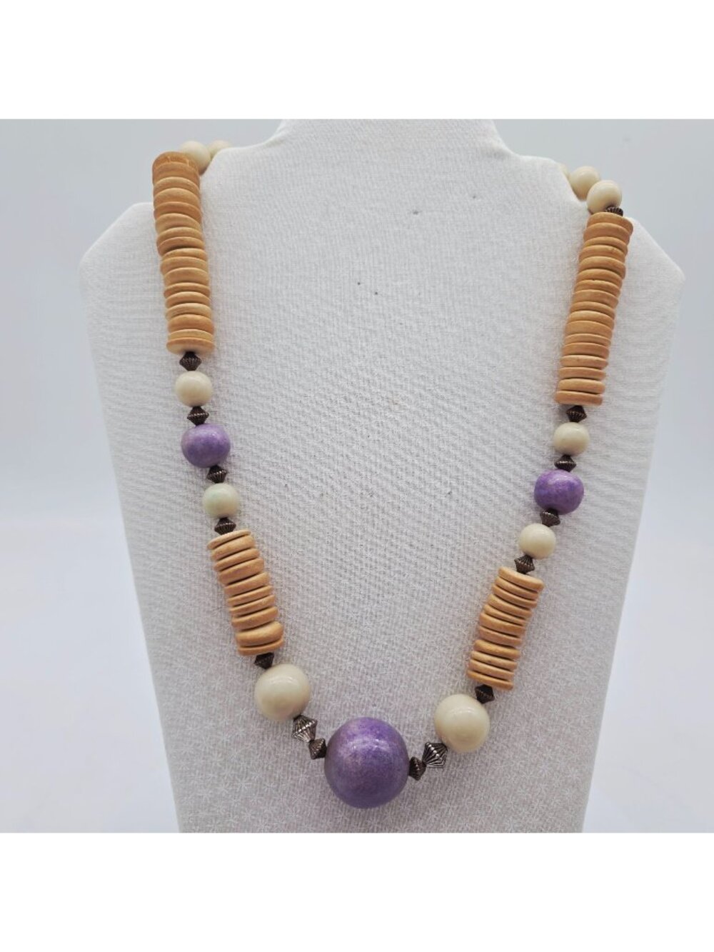 Wooden & Acrylic Bead Necklace With Purple & Cream Tones Brown Accents by M.E.